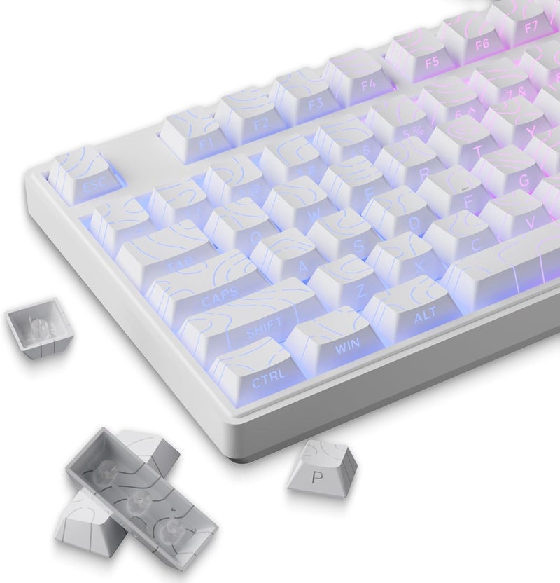 FunHub White Topographic PBT Keycaps,97 Key Caps Set Side Printed,No Tear & Fade Shine Through RGB Backlit Cherry Profile Keycaps (Ergonomic,Doubleshot) for 61/64/66/68/71/75/84/87 MX Mechanical Keyboards - Image 1